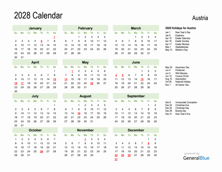Holiday Calendar 2028 for Austria (Sunday Start)
