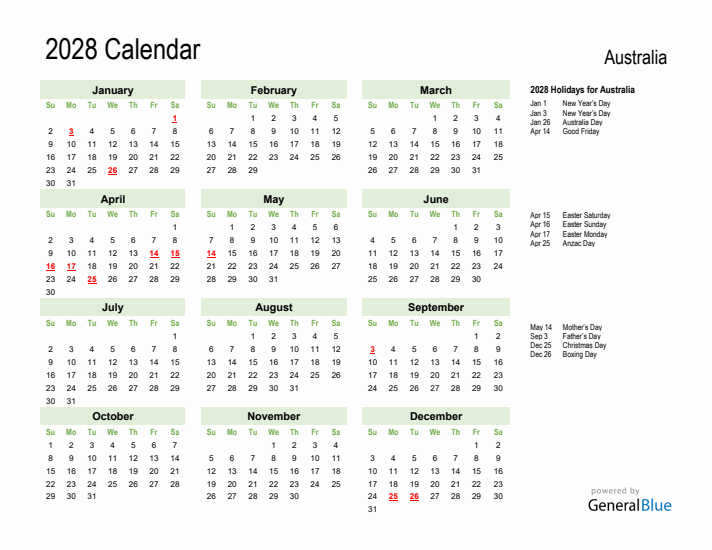 Holiday Calendar 2028 for Australia (Sunday Start)