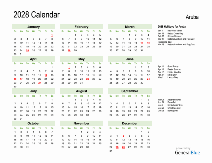 Holiday Calendar 2028 for Aruba (Sunday Start)