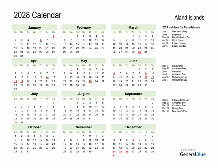 Holiday Calendar 2028 for Aland Islands (Sunday Start)