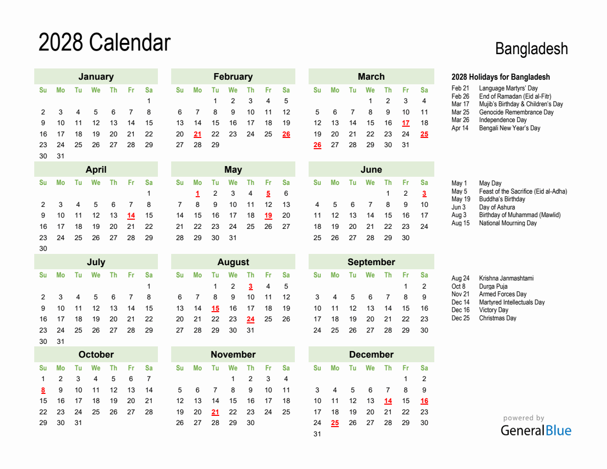 Holiday Calendar 2028 for Bangladesh (Sunday Start)