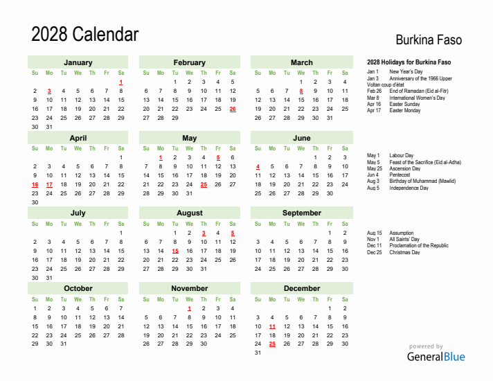 Holiday Calendar 2028 for Burkina Faso (Sunday Start)