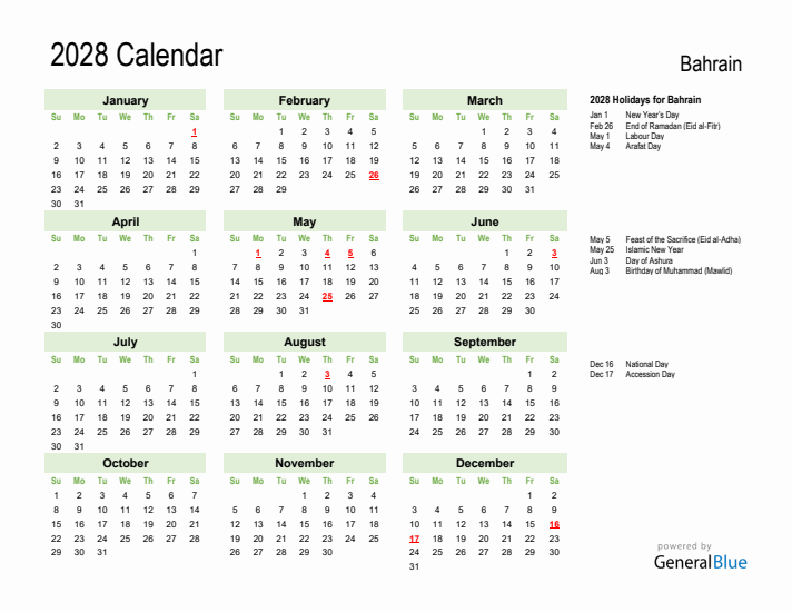 Holiday Calendar 2028 for Bahrain (Sunday Start)