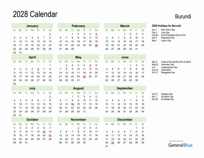 Holiday Calendar 2028 for Burundi (Sunday Start)