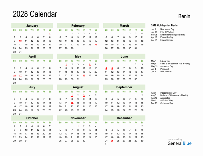 Holiday Calendar 2028 for Benin (Sunday Start)