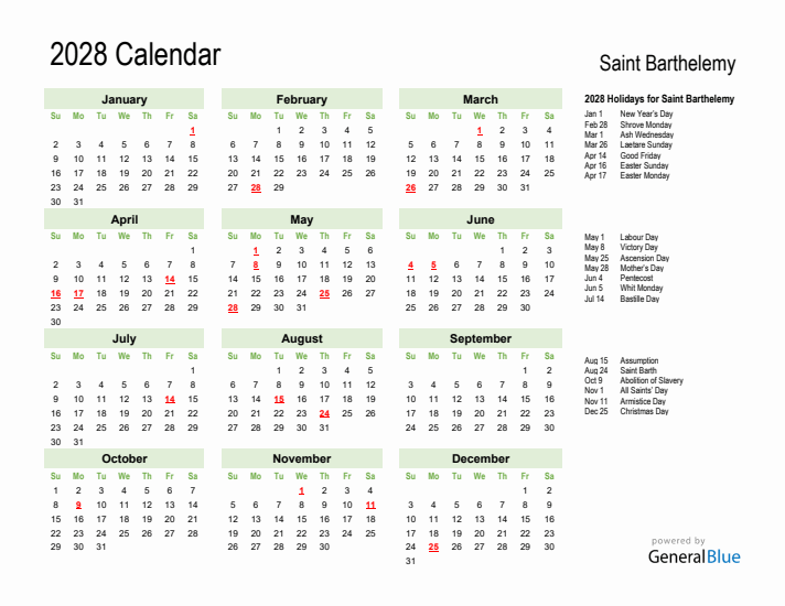 Holiday Calendar 2028 for Saint Barthelemy (Sunday Start)