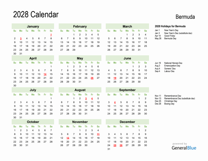 Holiday Calendar 2028 for Bermuda (Sunday Start)