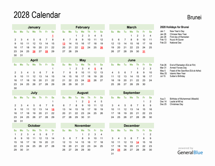 Holiday Calendar 2028 for Brunei (Sunday Start)