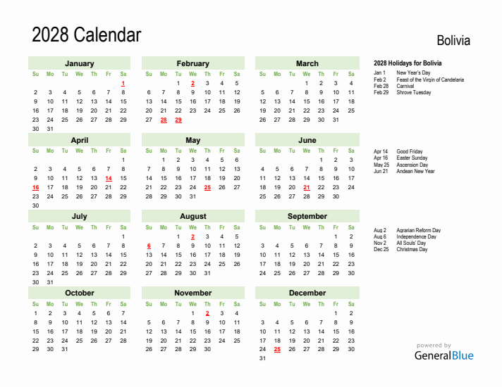 Holiday Calendar 2028 for Bolivia (Sunday Start)