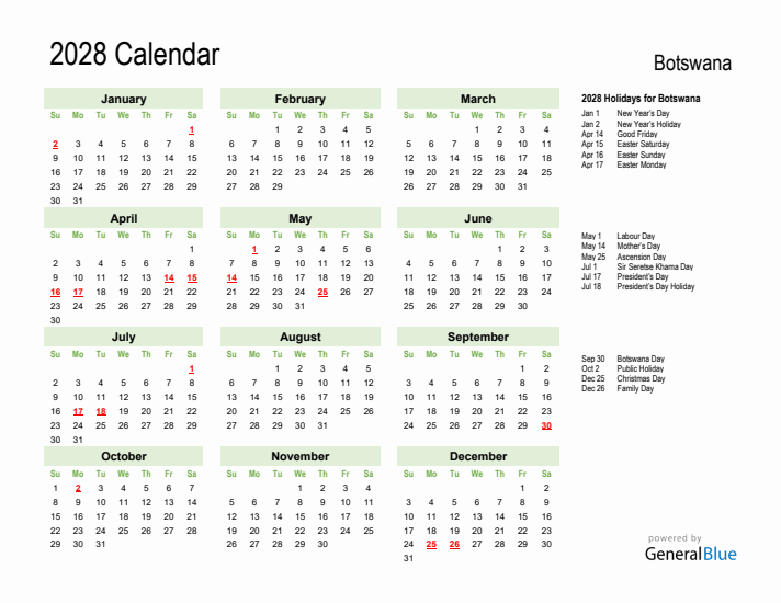 Holiday Calendar 2028 for Botswana (Sunday Start)