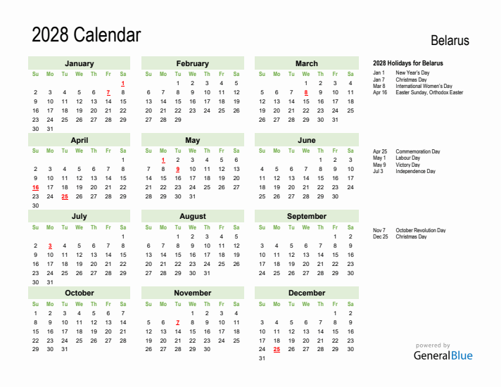 Holiday Calendar 2028 for Belarus (Sunday Start)