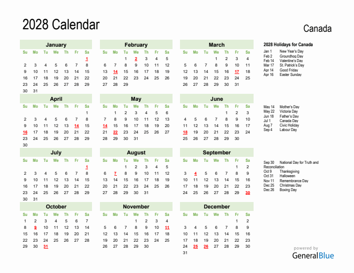 Holiday Calendar 2028 for Canada (Sunday Start)