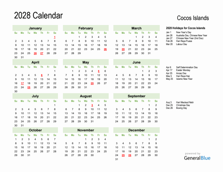 Holiday Calendar 2028 for Cocos Islands (Sunday Start)