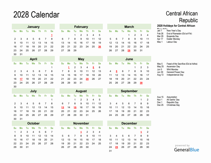 Holiday Calendar 2028 for Central African Republic (Sunday Start)