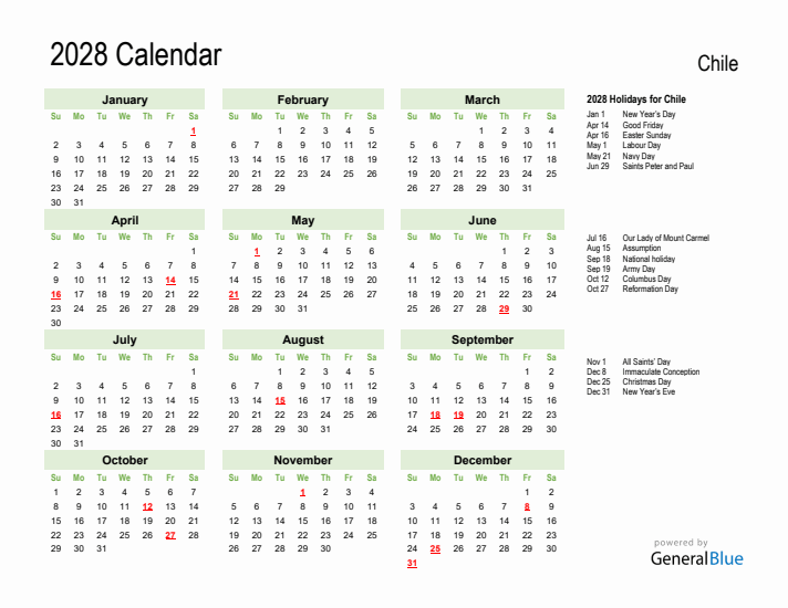 Holiday Calendar 2028 for Chile (Sunday Start)