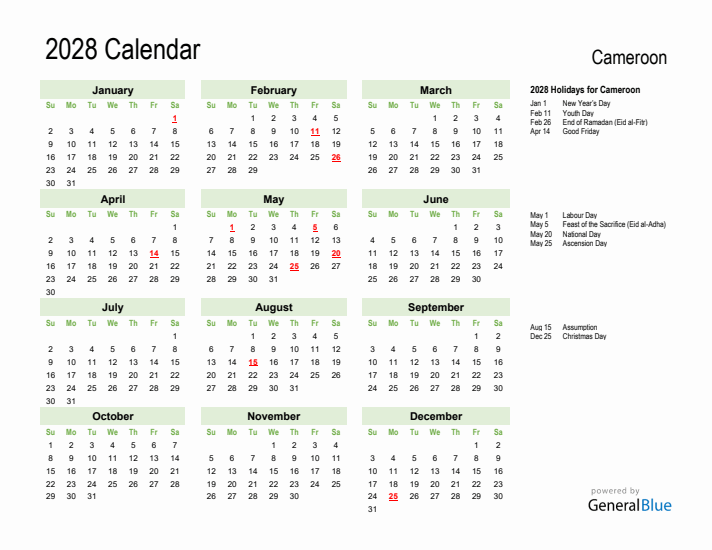 Holiday Calendar 2028 for Cameroon (Sunday Start)