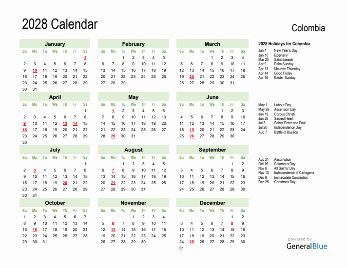 Holiday Calendar 2028 for Colombia (Sunday Start)