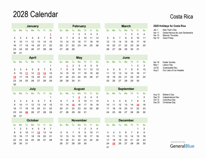Holiday Calendar 2028 for Costa Rica (Sunday Start)