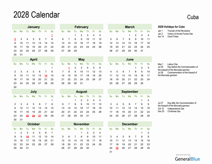 Holiday Calendar 2028 for Cuba (Sunday Start)