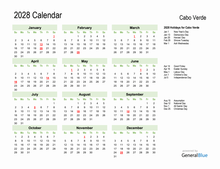 Holiday Calendar 2028 for Cabo Verde (Sunday Start)
