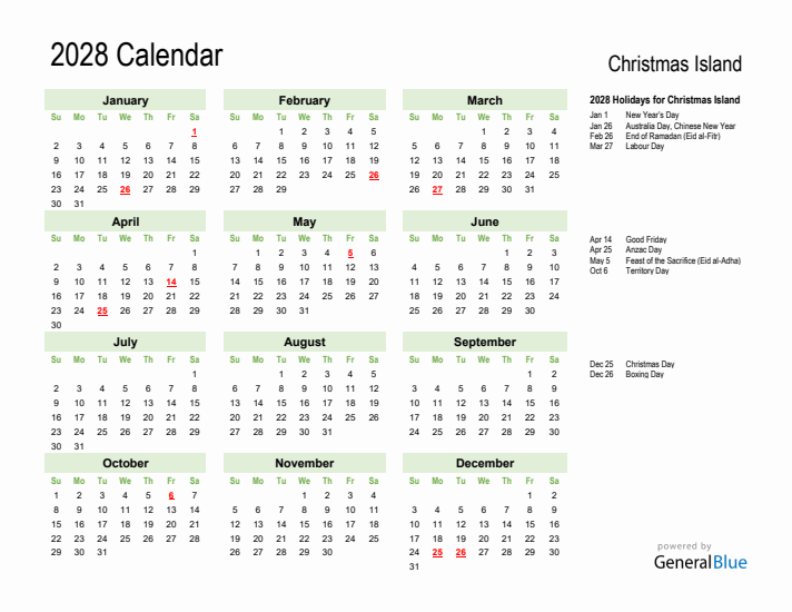 Holiday Calendar 2028 for Christmas Island (Sunday Start)