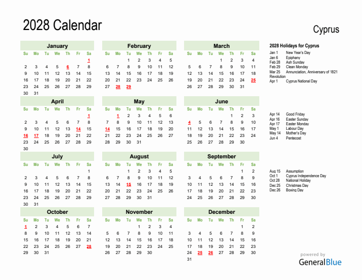 Holiday Calendar 2028 for Cyprus (Sunday Start)