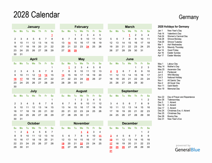 Holiday Calendar 2028 for Germany (Sunday Start)