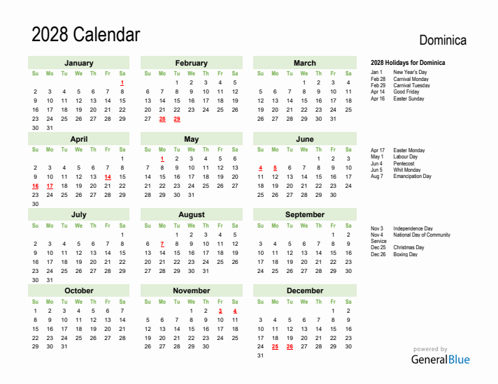 Holiday Calendar 2028 for Dominica (Sunday Start)