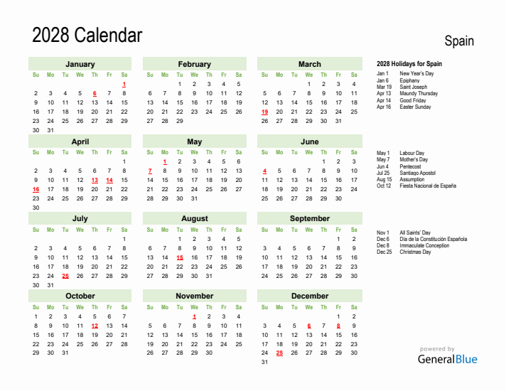Holiday Calendar 2028 for Spain (Sunday Start)