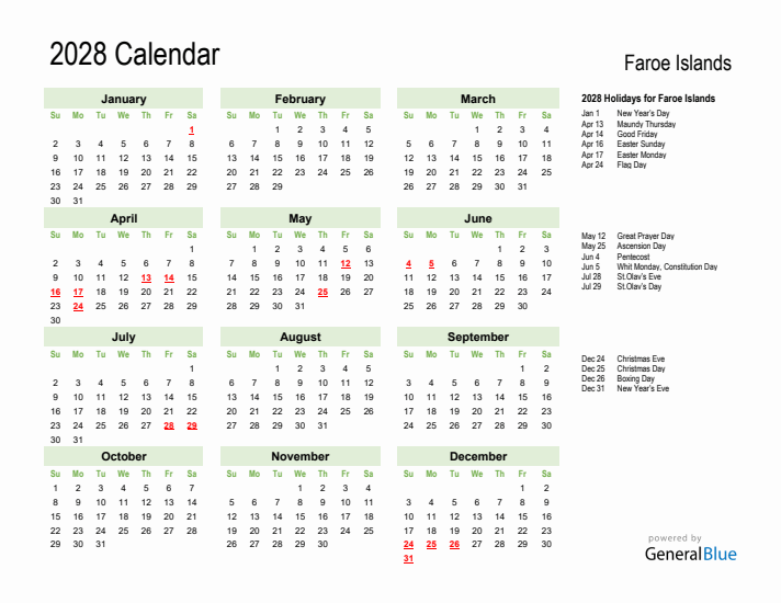 Holiday Calendar 2028 for Faroe Islands (Sunday Start)