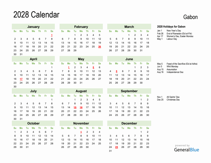 Holiday Calendar 2028 for Gabon (Sunday Start)