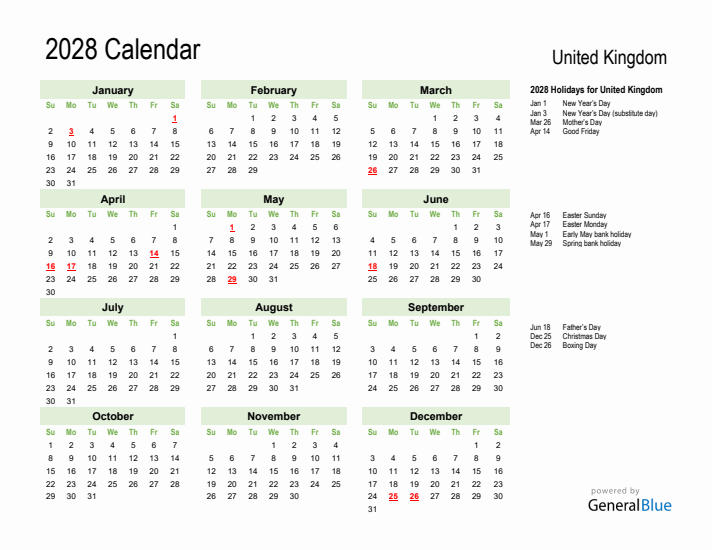 Holiday Calendar 2028 for United Kingdom (Sunday Start)