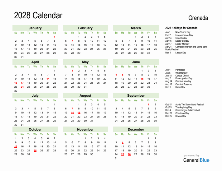 Holiday Calendar 2028 for Grenada (Sunday Start)