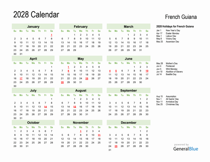 Holiday Calendar 2028 for French Guiana (Sunday Start)