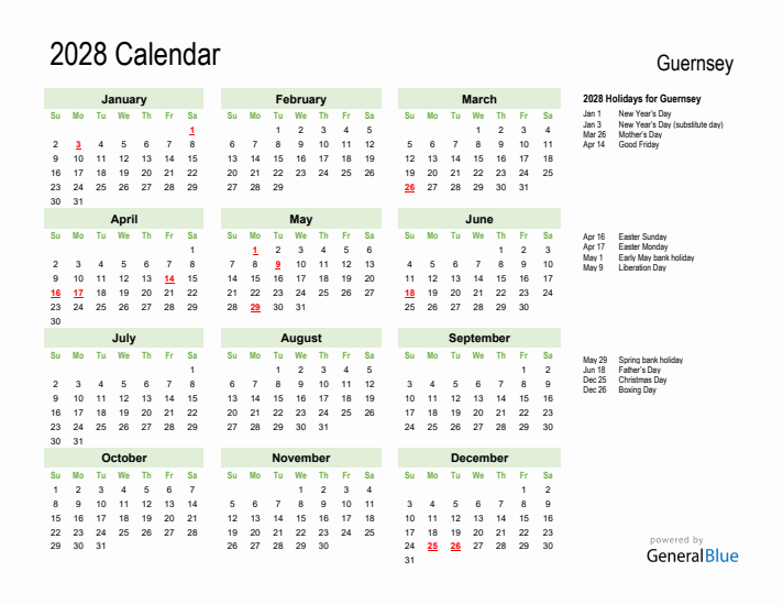Holiday Calendar 2028 for Guernsey (Sunday Start)