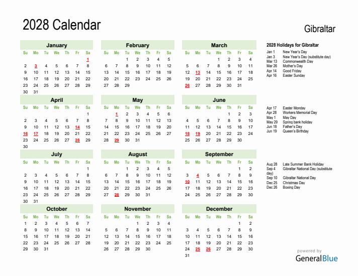 Holiday Calendar 2028 for Gibraltar (Sunday Start)