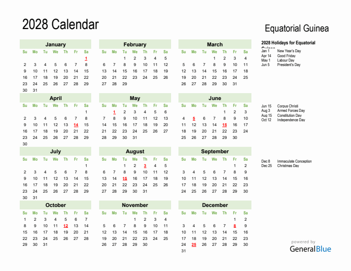 Holiday Calendar 2028 for Equatorial Guinea (Sunday Start)