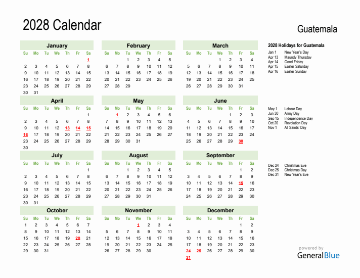 Holiday Calendar 2028 for Guatemala (Sunday Start)