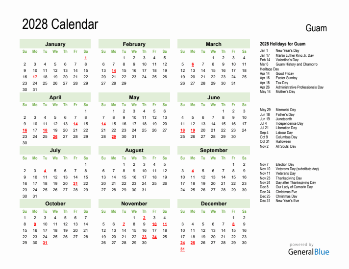 Holiday Calendar 2028 for Guam (Sunday Start)