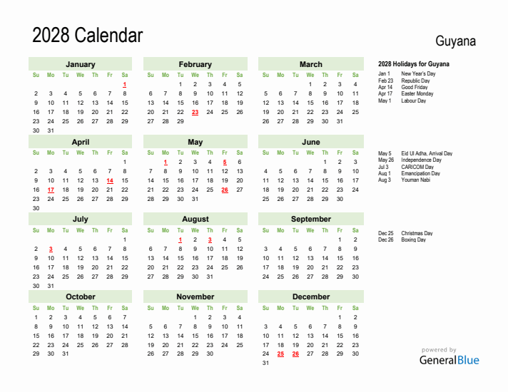 Holiday Calendar 2028 for Guyana (Sunday Start)