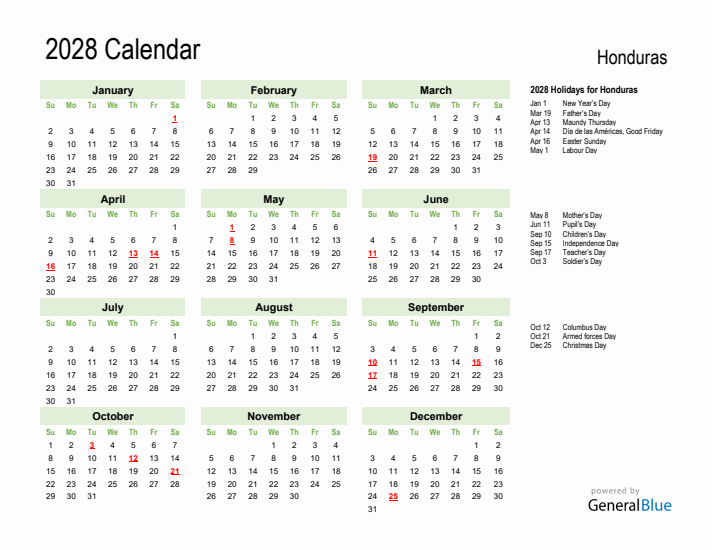 Holiday Calendar 2028 for Honduras (Sunday Start)