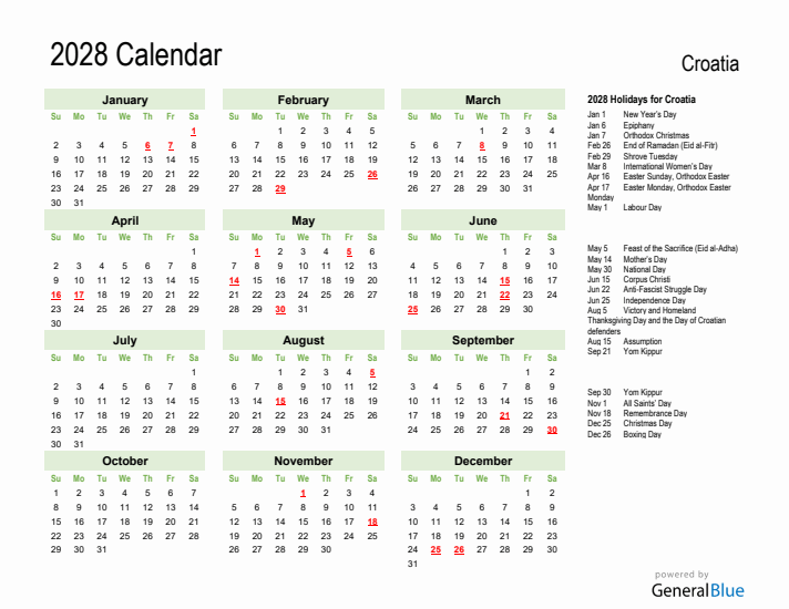Holiday Calendar 2028 for Croatia (Sunday Start)
