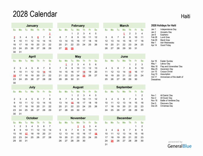 Holiday Calendar 2028 for Haiti (Sunday Start)