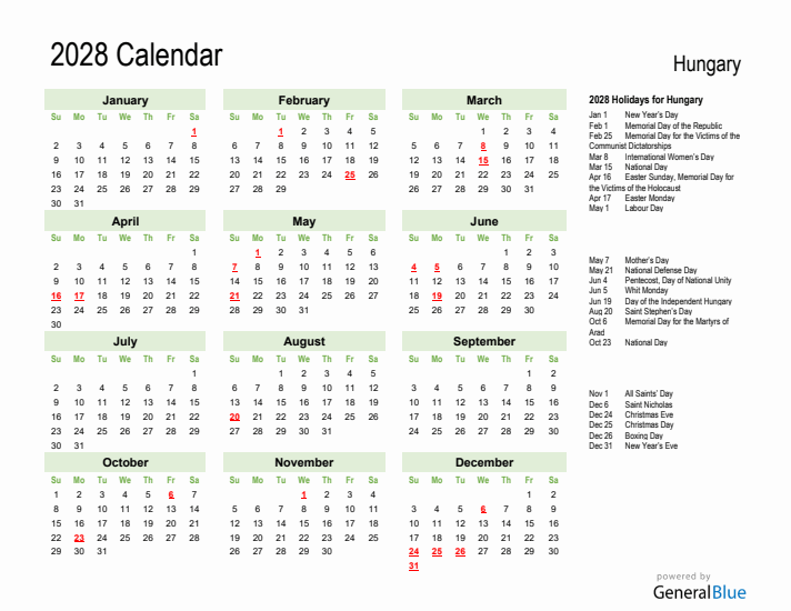 Holiday Calendar 2028 for Hungary (Sunday Start)
