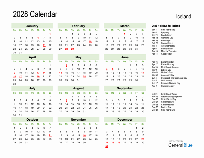 Holiday Calendar 2028 for Iceland (Sunday Start)