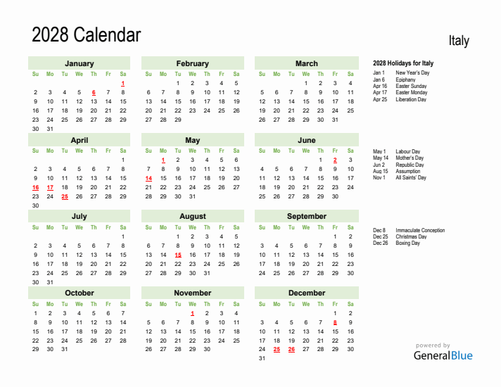 Holiday Calendar 2028 for Italy (Sunday Start)