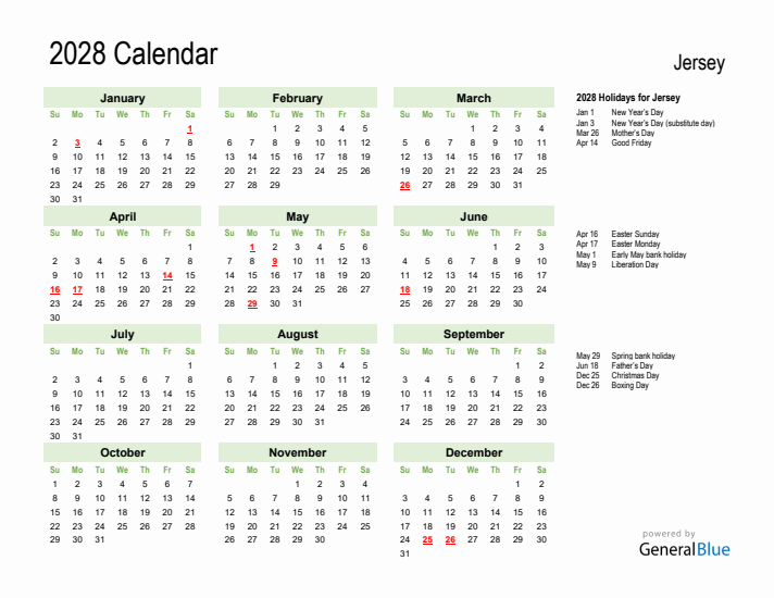 Holiday Calendar 2028 for Jersey (Sunday Start)