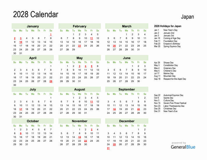 Holiday Calendar 2028 for Japan (Sunday Start)