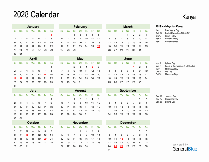 Holiday Calendar 2028 for Kenya (Sunday Start)