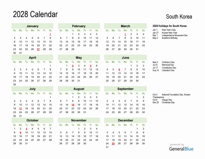 Holiday Calendar 2028 for South Korea (Sunday Start)